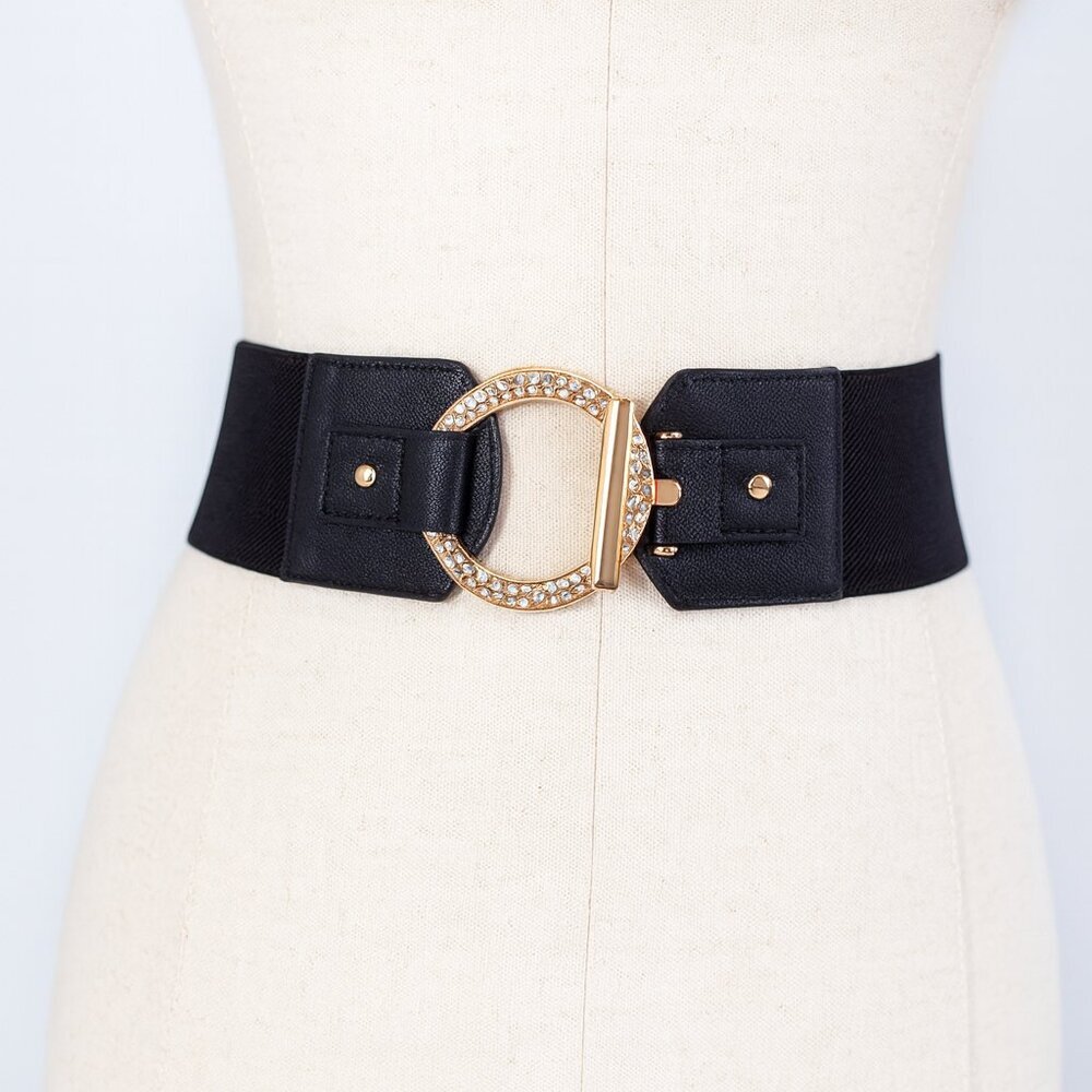 Nine West Black Black 3” Elastic With Gold Rhinestone Round Buckle L / LX